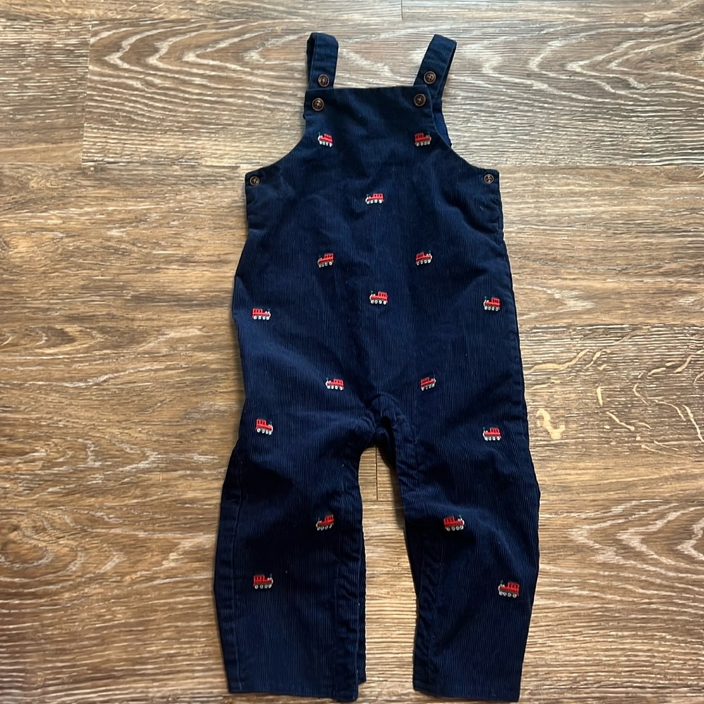 Navy corduroy overalls with trains